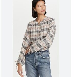 Faherty Everleigh Top Small Button Up Womens Plaid Tie Cuffs Round Neck Blouse